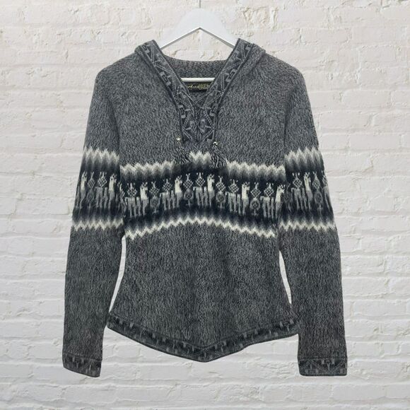 Alpaca Fina Hoodie Size S 100% Alpaca Handknit Peru Gray Tribal Pattern - Picture 2 of 16